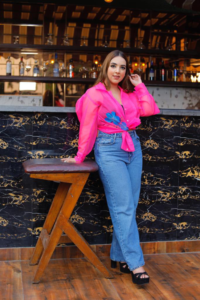 Floral shirt dress with quirky flower motifs handpainted on it